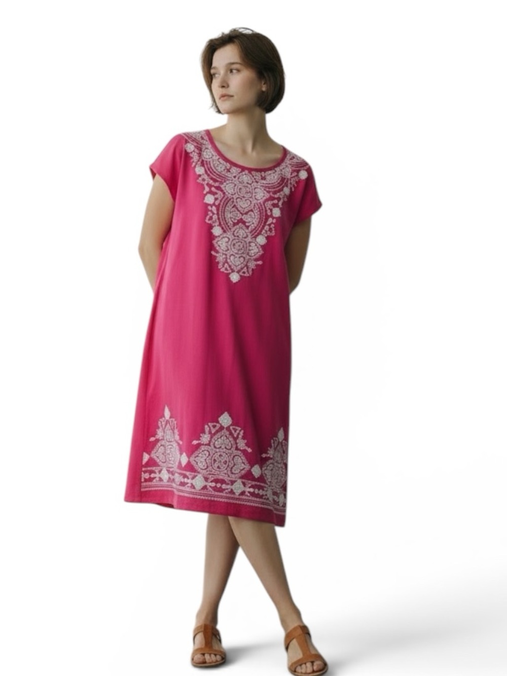 HEIMISH USA Pink Damask Short Sleeve Dress w Keyhole in Back, Women’s Medium